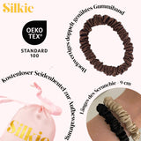 SILKIE x4 Set 100% Pure Mulberry Silk Green Skinny Scrunchies Travel Pouch Everyday Hair Ties Elastics Hair Care Ponytail Holder No Damage (Emerald)