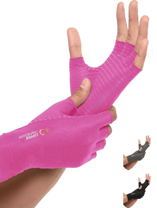 Copper Compression Arthritis Gloves | Fingerless Arthritis Carpal Tunnel Pain Relief Gloves For Men & Women | Hand Support Wrist Brace For Rheumatoid, Tendonitis, Swelling, Crocheting - Pink L