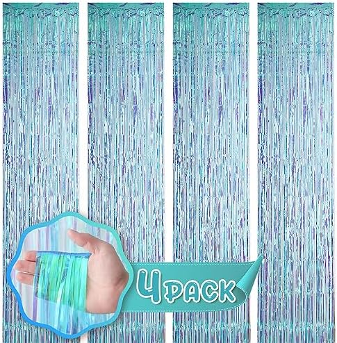 4 Pack 3.3x8.2 Feet Neon Iridescent Foil Fringe Backdrop Curtains, Tinsel Streamers Birthday Party Decorations, Fringe Backdrop for Graduation, Baby Shower, Gender Reveal, Disco Party