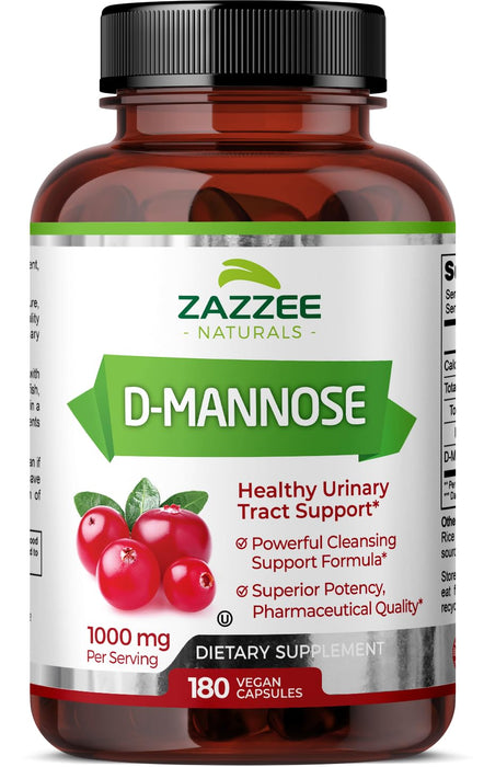 ZAZZEE NATURALS D-Mannose Capsules 180 Veggie Caps 1000mg 100% Pure UTI Relief Urinary Tract USA