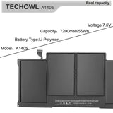 Techowl A1466 Battery A1405 A1496 Battery for MacBook Air Battery Replacement 13 inch A1466 (2012-2017) A1369 (2010-2011) - [7.6V 55Wh 7200mAh with Warranty]