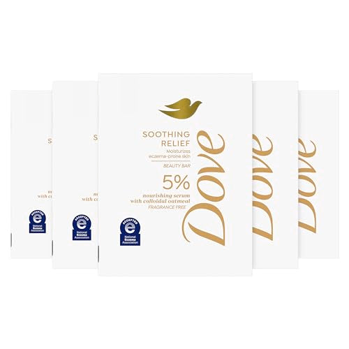 Dove Fragrance Free Beauty Bar Soothing Relief 5 Bars Moisturizes eczema-prone skin 5% nourishing serum with colloidal oatmeal 3.75oz