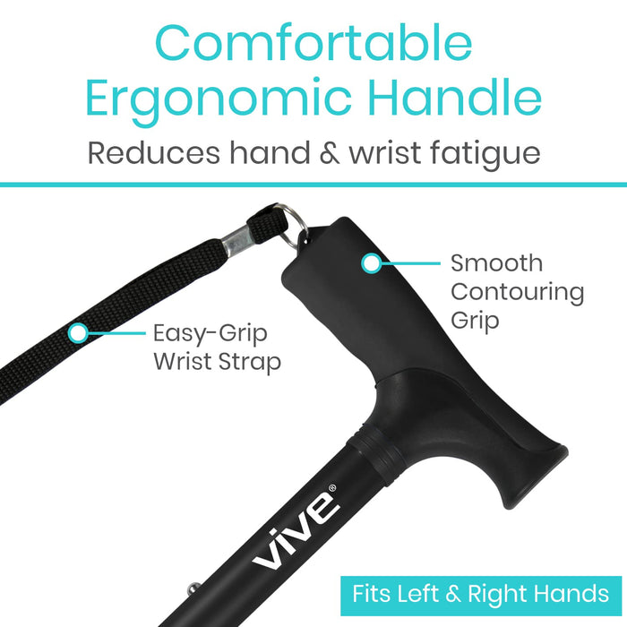 Vive Foldable Walking Cane for Men, Women - Collapsible, Lightweight, Adjustable, Portable Hand Walking Stick - Balancing Mobility Aid - Sleek, Comfortable T Handles (Black)