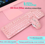 Gaming Keyboard and Mouse,Soke-Six 2.4G Wireless Retro Punk Typewriter-Style Backlit Keyboard Mice Combo,4800mAh Battery,Mechanical Feel,Anti-ghosting,Crystal Panel Round Keycaps (Pink+White Light)