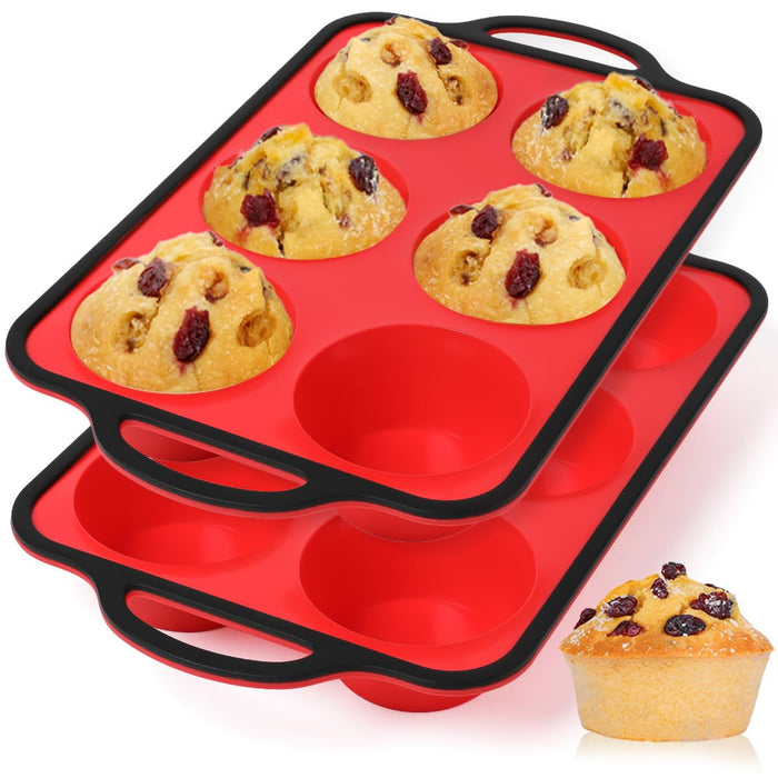 Jumbo Muffin Pan, 3.5 Inch Large Muffin Pan with Metal Reinforced Frame 6 Cup Silicone Jumbo Cupcake Pans for Baking Easy to Handle 2 Pack Red Black Brim