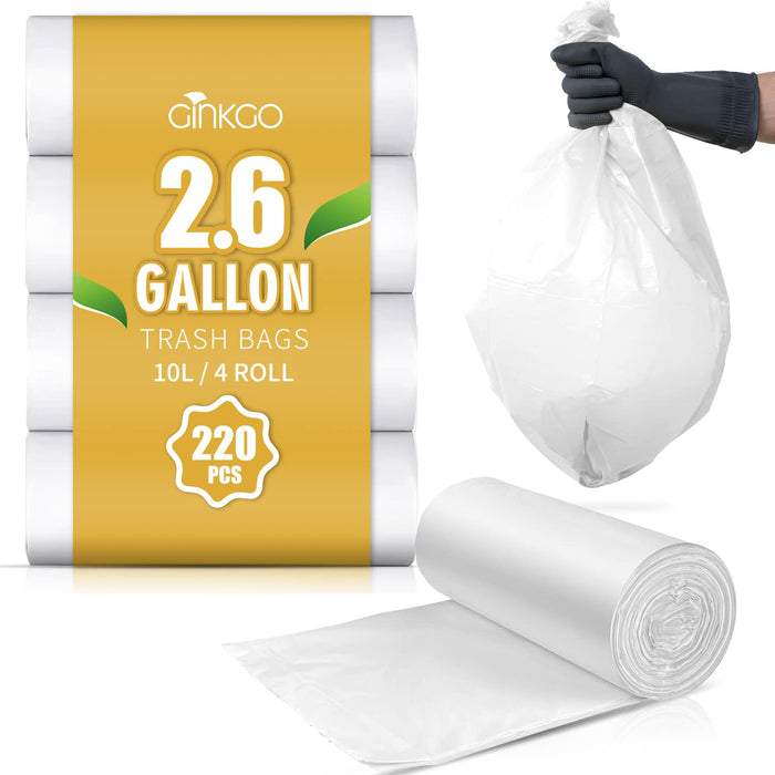 220 Count Small Trash Bags, 2.6 Gallon Bathroom Mini Garbage Bags, Unscented Clear Wastebasket Bin Liners, Plastic Bags for Home Office Kitchen, White (10 Liter)