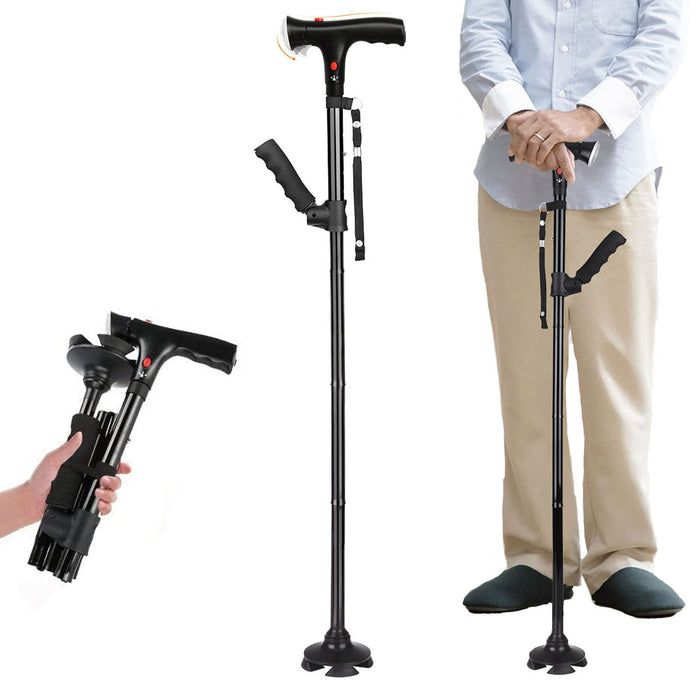 Folding Cane with Led Light, Adjustable Canes and Walking Sticks for Seniors, Walking Cane Stick for Men and Women with Cushion 2 T Handle and Pivoting Quad Base for Arthritis Disabled and Elderly