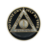 1 Year Sobriety Coin | Triplate AA Chip Recovery Anniversary Token (Black)