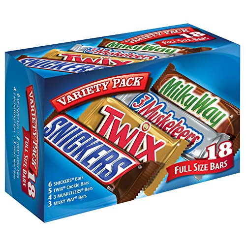 SNICKERS, TWIX, MILKY WAY, 3 MUSKETEERS, Full Size Halloween Candy Bar Variety Pack, 33.31oz/18 Pack