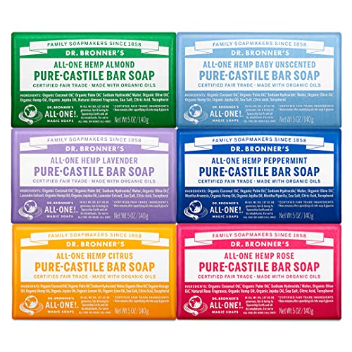 Dr. Bronner's - Pure-Castile Bar Soap (5 Ounce Variety Gift Pack) Almond, Unscented, Lavender, Peppermint, Citrus, Rose - Made with Organic Oils