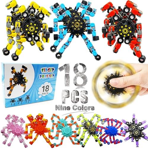 Easter Basket Stuffers Transformable Fidget Spinners,18PCS Funny Sensory Fidget Toys Adults Deformable Chain DIY Robot Spinner,Fingertip Stress Relief Gyro Toy Easter Basket Stcoking Stuffer for Kids