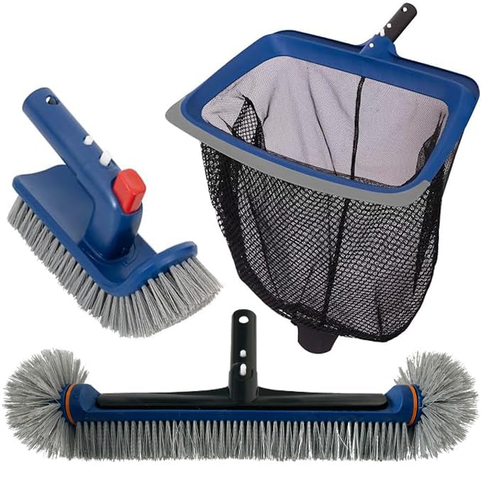 Deluxe Swimming Pool Cleaning Kit Including Pool Skimmer Net with Rubber Edge, 17.5" Pool Brush Head & Rotatable Pool Scrub Brush, Heavy Duty Pool Cleaning Kit Inground & Above Ground Pool (No Pole)