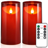 NURADA Flameless Candles with Remote Timer: 3D Wick Battery Operated Led Pillar Candle Fake Candle Set for Wedding Birthday Halloween Christmas Decorations - Red 2 Pack