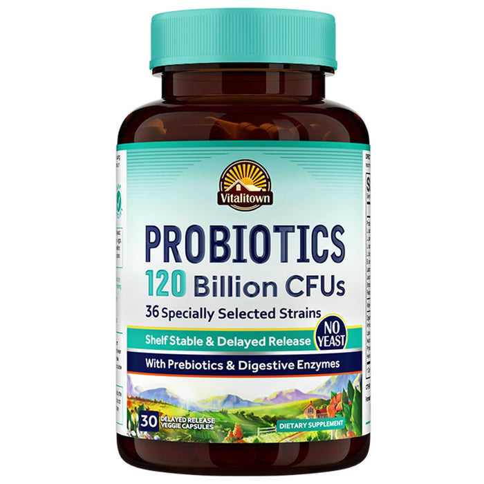 VITALITOWN Probiotics 120 Billion CFUs | 36 Strains, with Prebiotics & Digestive Enzymes for Men Women | Shelf Stable | Digestive & Immune Support | Vegan, Non-GMO | 30 Delayed Release Veg Caps