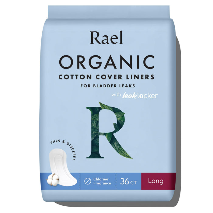 Rael Incontinence Liners for Women, Organic Cotton Cover - Postpartum Essential, Regular Absorbency, Bladder Leak Control, 4 Layer Core with Leak Guard Technology, (Long, 36 Count)