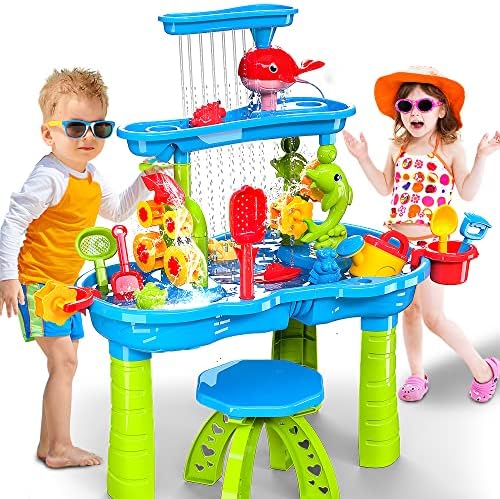 VATOS 3 Tier Sand Water Table, Kids Splash Sand Table Water Toys for Aged 3 4 5 6 7 8 9, Activity Sensory Table Summer Beach Outside Toys for Toddlers Kids