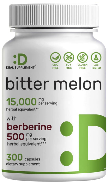 DEAL SUPPLEMENT Bitter Melon 15,000mg Per Serving | 300 Capsules, with Berberine HCL | 15:1 Wild Bitter Melon Fruit Extract | Third Party Tested | Plant Based, Non-GMO & No Gluten 