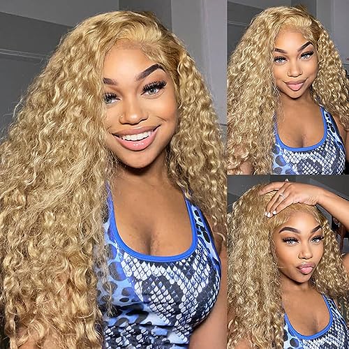 Honey Blonde Curly Wig Human Hair 13x4 Blonde Deep Wave Hd Lace Front Wigs Pre Plucked with Baby Hair 150 Density #27 Colored Blonde Water Wave Wig Human Hair (18 Inch Curly Blonde Wig for Women)