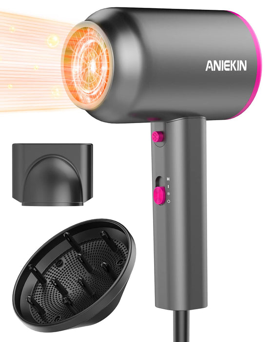 ANIEKIN Hair Dryer, 1875W Ionic Blow Dryer with Diffuser, Professional Portable Hair Dryers & Accessories for Women Curly Hair, Grey