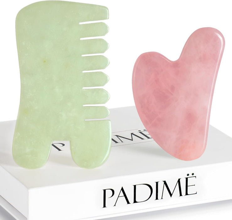 Padime 2 pcs | Premium Set Massage 2-in-1 | Rose Quartz Gua Sha Facial Tools + Jade Comb Massage Tool | Guasha Set for Face + Scalp Massager - Face Massage Tools Guasha Tool for Face Massage