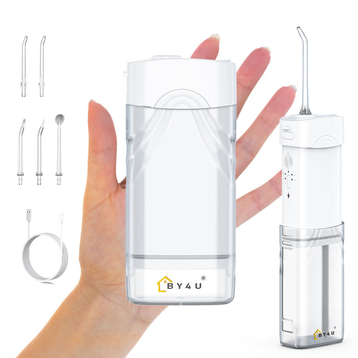 BY4U Rechargeable Water Dental Flosser 200ml Mini Portable Teeth Oral Irrigator 5 Jet Tips IPX7 Waterproof with Telescopic Water Tank for Home Travel