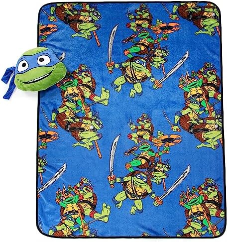 Jay Franco Nickelodeon Teenage Mutant Ninja Turtles Mutant Mayhem Leonardo Nogginz Set - 40 x 50 Inch Blanket & Plush Pillow Set, Kids Super Soft 2 Piece Set