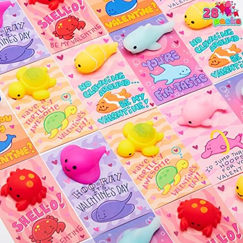 JOYIN 28 Pack Gift Cards with Kawaii Mochi Squishy Toys, Sea Animals Mochi Squeeze, Stress Relief Fidget Toys for Kids Classroom Exchange, Party Favors Prizes