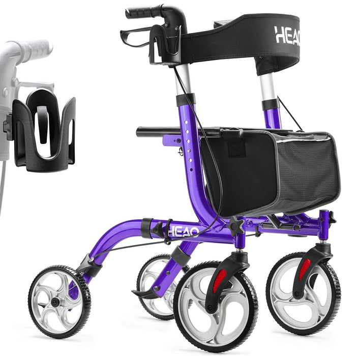 HEAO Rollator Walker with Seat, Folding Rollator Walker with Extra Cup Holder & 10" Wheels,Padded Backrest, Lightweight Mobility Walking Aid for Seniors, Purple