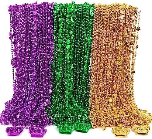 144PCS Mardi Gras Beads Throws, Mardi Gras Green Purple Gold Metallic Beads Necklaces Accessories Bulk, Mardi Gras Beads Necklace Costumes Women Men Kids for Parade Throws Party Decor Favor Supplies