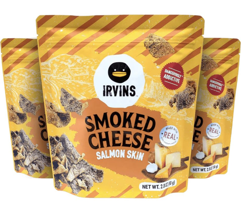 IRVINS Smoked Cheese Salmon Skin Chips Crisps | Premium Hand Cooked | Halal | High Protein | Keto-Friendly | 2.8 oz (Pack of 3)