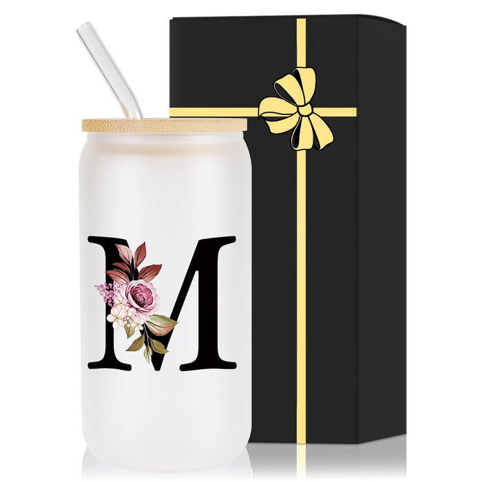 Monogrammed Glass Drinking Cup With Lid Straw Women Wife Gifts Ideal from Husband Happy Birthday Wedding Romantic Best Cool Personalized Unique Special Cute Custom Christmas Xmas Valentines Present,M