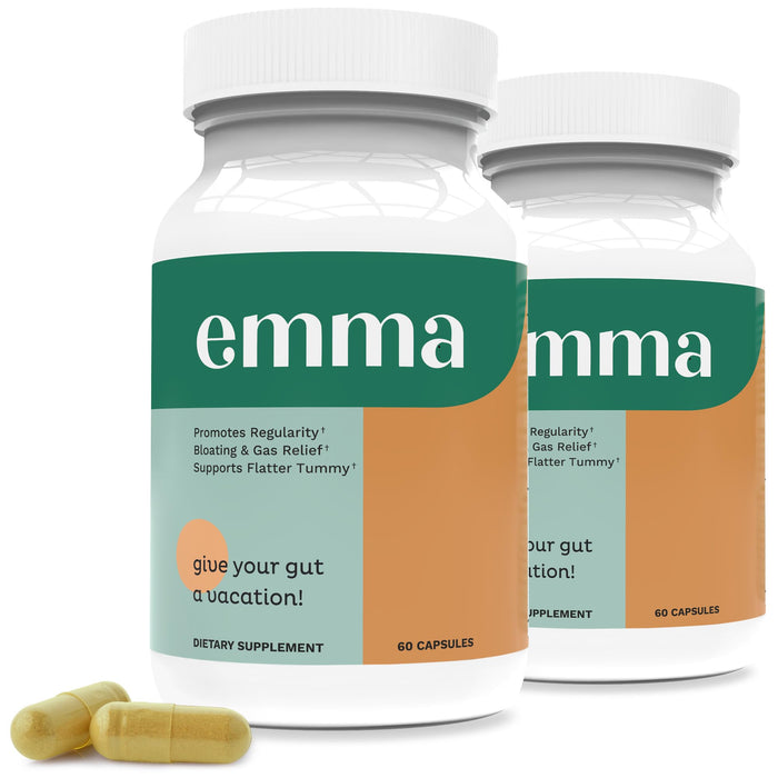 Emma Gut Health - 2 Pack - Gas and Bloating Relief, Constipation, Leaky Gut Repair - Gut Cleanse & Restore Digestion - Regulate Bowel Movement. Probiotics and Laxative Alternative, 120 capsules