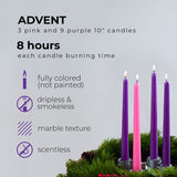 CANDWAX 10 inch Taper Advent Candles 3 Sets - Dripless Taper Candles and Unscented Candlesticks - Long Burning Tapered Candles Perfect as Advent Wreath Candles Tapers - Purple Advent Candles