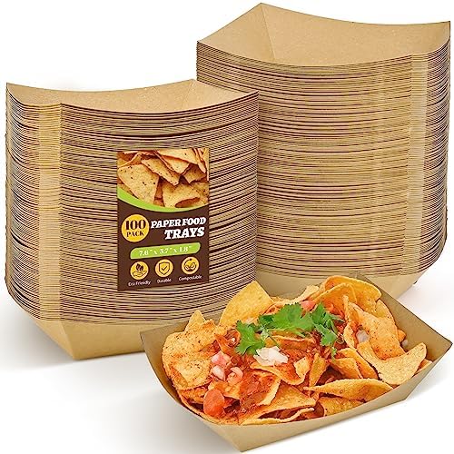 Ocmoiy 3lb Kraft Paper Food Trays, 100 Pack Heavy Duty Food Boats Disposable Food Serving Tray Food Holder Trays for Nachos, Tacos, Fries, Hot Dog, Corn, BBQ, Festivals, Party