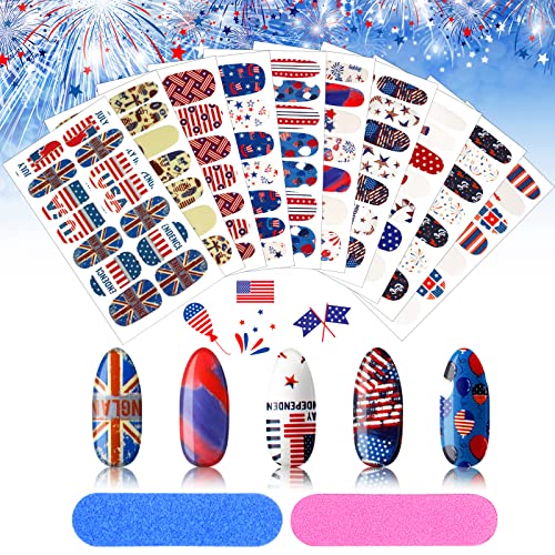 Maitys 140 Pcs 10 Sheets Patriotic Full Wrap Nail Stickers 4th of July Polish Strips Gradient Stickers Memorial Independence Day Glitter Self Adhesive DIY Art Strips with 2 Pcs Nail Files