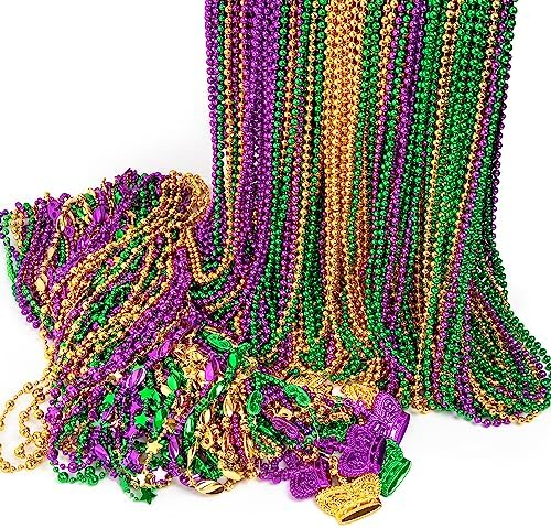 200PCS Mardi Gras Beads, Green Purple Gold Metallic Mardi Gras Beads Necklaces Accessories Bulk, Mardi Gras Beads Necklace Accessories for Parade Throws Party Decorations Supplies Favors