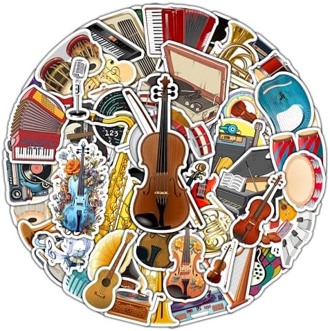 50 PCS Musical Instrument Stickers Cute Aesthetic Music Vinyl Decals Waterproof Decor Guitar Laptop Computer Helmet Bumper Water Bottle Scrapbook Gift for Teens Adults