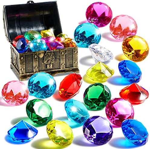 Sloosh Diving Gems Pool Toys, 16 Big Colorful Diamond with Pirate Treasure Chest,Swim Dive Toy for Kids Underwater Gemstone Swimming Training Gift Water Pool Games(Gold)