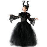 AMOBON Halloween Maleficent Costume for Girls: Evil Queen Witch Dress with Black Wings Horns Cape for Kids Cosplay Carnival Party (L)