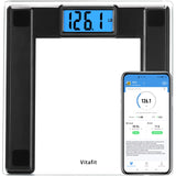 Vitafit 550lb Extra-High Capacity Digital Body Weight and BMI Bathroom Scale Via Smart APP, Weighing Professional Since 2001, 8mm Tempered Glass and Step-on, Extra Large Blue Backlit LCD,Black