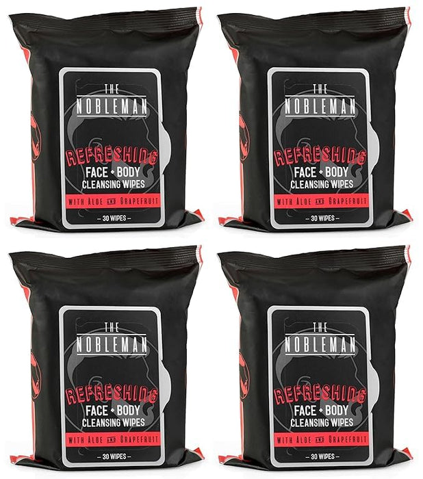 The Nobleman Face + Body Cleansing Wipes: Refreshing - with Aloe & Grapefruit - 120 TOTAL WIPES (30ct x 4) - Travel-Friendly, Skin-Nourishing, All-in-One Wipes for Men & Women
