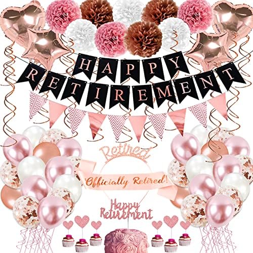 Rose Gold Retirement Party Decorations - 63 Pcs Including Banner, Balloons, Cake Toppers, Sash & More