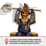 Haunted Hill Farm Motion-Activated Smiling Jack The Shovel-Wielding Sitting Scarecrow by Tekky, Talking Jump-Scare Halloween Animatronic, Plug-in or Battery Operated Halloween Decorations