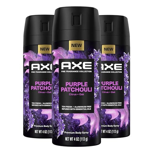 AXE Fine Fragrance Collection Premium Body Spray Purple Patchouli with Citrus + Oak Essential Oils 3 Count with 72H Odor Protection Aluminum-Free 4 oz