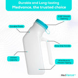 MedVance- Urinals for Men 1000ml with Glow in The Dark Spill Proof Pop Cap Lid, Plastic Pee Bottles for Men, Male Urinals, Pee Container Men, Portable Urinal for Car, Elderly & Incontinence (1 Pack)