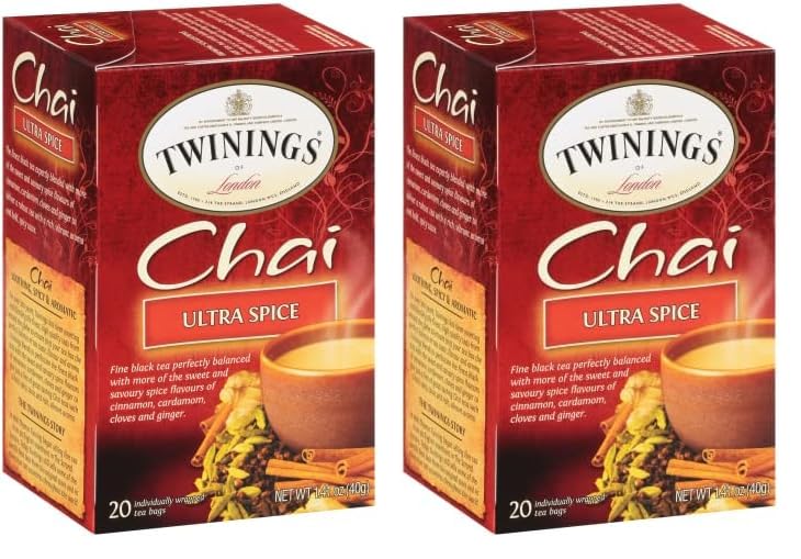Twinings Chai Tea, Ultra Spice Chai Tea Bags with Cinnamon, Ginger, Cardamon, Clove for a Spicy Chai Tea Latte, 20 Tea Bags (Pack of 2)