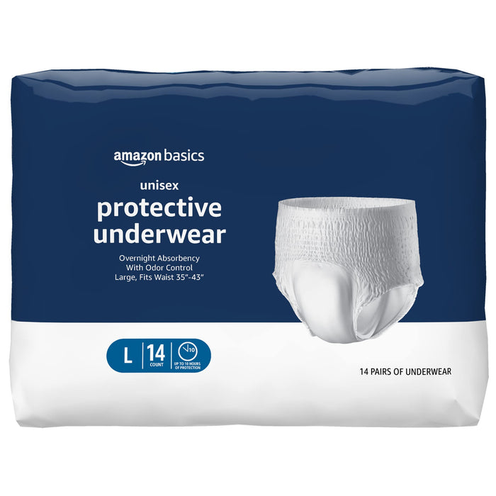 Amazon Basics Unisex Protective Underwear, Overnight Absorbency, Large, 14 Count, (1 Pack of 14)