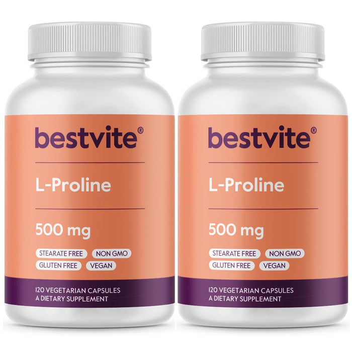 BESTVITE L-Proline 500mg (240 Vegetarian Capsules) (120 x 2) - No Stearates - No Fillers - Vegan - Gluten Free - Non GMO