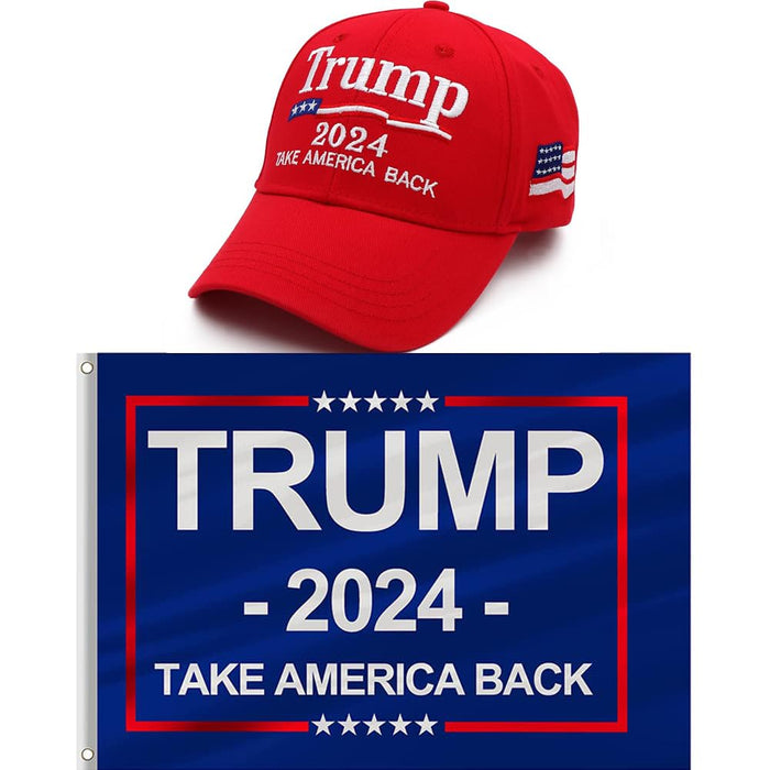 Trump 2024 MAGA Hat and Trump Flag Set, Trump 2024 Hat Take America Back Baseball Cap