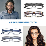 JAWSOCK 4 Pack Reading Glasses Blue Light Blocking for Men Women,Rectangular Frame Computer Readers with Spring Hinge,Anti Eyestrain/UV Ray Eyeglasses (2.0x)